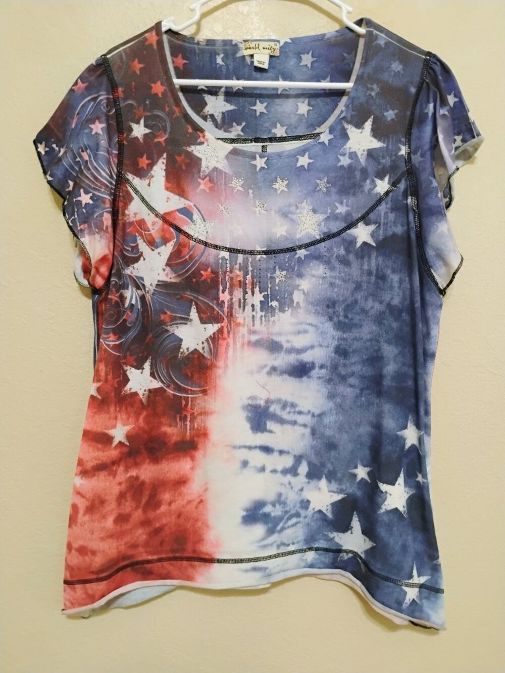 World Unity XL USA Flag Star Tee Red Blue Fourth of July Top